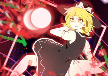 1girl absurdres black_hat black_skirt black_sweater_vest blonde_hair bow commentary_request danmaku dress hat hat_bow highres looking_back oomoji_(ymad5434) shirt short_hair short_sleeves skirt solo sweater_vest tears touhou touhou_(pc-98) white_bow white_shirt yellow_eyes yuki_(touhou)