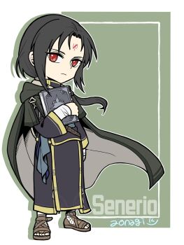 1boy aonagimay black_hair book brown_sandals facial_mark fire_emblem fire_emblem:_path_of_radiance forehead_mark highres holding holding_book long_hair male_focus nintendo red_eyes sandals sash solo soren_(fire_emblem) waist_sash