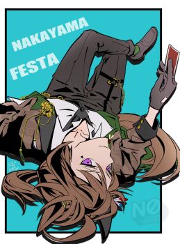 Rule 34 | 1girl, absurdres, animal ears, black necktie, black pants, brown hair, brown jacket, card, character name, closed mouth, collarbone, collared shirt, commentary request, ear covers, facial mark, gloves, gogono pan'ya, green socks, hair between eyes, highres, holding, holding card, horse ears, horse girl, horse tail, jacket, long hair, long sleeves, looking at viewer, lying, nakayama festa (festival game) (umamusume), nakayama festa (umamusume), necktie, on back, open clothes, open jacket, pants, playing card, purple eyes, shirt, shoes, single ear cover, single glove, smile, socks, solo, star (symbol), star facial mark, tail, umamusume, white shirt