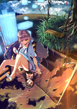 1boy 2girls :d aged_down black_hair bow brown_eyes brown_hair carillus casual cloud cloudy_sky collarbone dress dual_persona father_and_daughter flashback hair_bow hair_ribbon highres long_hair multiple_girls open_mouth reflection ribbon rin_(shelter) ripples scarf shelter_(song) shigeru_(shelter) signature sky smile squatting swing tablet_pc tree twilight white_dress wind