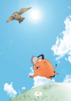 absurdres bird chainsaw_man cloud dog flower flying grass highres meadow owl pochita_(chainsaw_man) running senaka_look sky sun war_devil_(chainsaw_man)