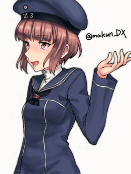 1girl black_neckerchief blue_dress blue_hat breasts brown_eyes brown_hair clothes_writing dress hat highres kantai_collection looking_to_the_side maakun_(makun_dx) neckerchief one-hour_drawing_challenge open_mouth sailor_dress sailor_hat short_hair simple_background small_breasts solo twitter_username upper_body white_background z3_max_schultz_(kancolle)