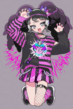 1girl :d arm_up asymmetrical_legwear black_choker black_eyes black_nails black_shirt black_shoes black_skirt bow chain choker clothing_cutout commentary dot_nose facing_viewer fang fishnet_thighhighs fishnets gaaruru_(pripara) grey_background hair_bow hand_up heart heart_necklace highres jewelry kneeling knees_together_feet_apart light_blush long_hair long_sleeves looking_to_the_side moudoku_(decopon3rd) necklace no_pupils open_mouth pink_bow pink_nails pink_shirt pink_skirt pink_socks pretty_series print_shirt pripara purple_bow shirt shoes shoulder_cutout skirt smile socks solo spikes straight-on striped_clothes striped_shirt striped_skirt symbol-only_commentary thighhighs tsurime twintails two-tone_skirt v-shaped_eyebrows vertical-striped_clothes vertical-striped_skirt