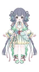 Rule 34 | 1girl, :d, black eyes, black hair, blunt bangs, bow, braid, chinese knot, chinese text, dress, flower, full body, green dress, green footwear, grey eyes, grey hair, hair flower, hair ornament, hair rings, highres, long hair, long sleeves, looking at viewer, open mouth, original, puffy long sleeves, puffy sleeves, ribbon, shoes, shuangyaji, simple background, smile, solo, standing, tachi-e, tassel, translation request, twin braids, very long hair, white background, yesheng feiyu turan chuxian