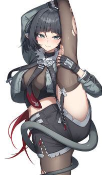 absurdres animal_ears aqua_eyes black_shorts breasts brown_pantyhose gradient_hair highres icetea_art jane_doe_(zenless_zone_zero) large_breasts leg_up long_hair looking_at_viewer midriff mouse_ears mouse_tail multicolored_hair navel pantyhose red_hair shorts simple_background smile split standing standing_on_one_leg standing_split tail torn_clothes torn_pantyhose white_background zenless_zone_zero