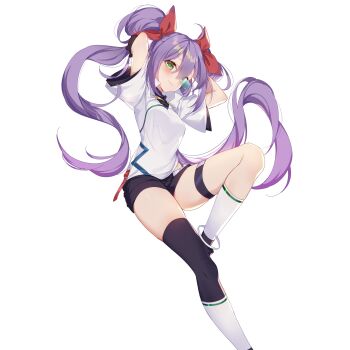 Rule 34 | 1girl, absurdres, ahoge, anklet, arms behind head, arms up, asymmetrical legwear, black gloves, black shorts, black thighhighs, blush, bow, breasts, closed mouth, gloves, green eyes, hair between eyes, hair bow, hair ribbon, highres, jewelry, kneehighs, long hair, looking at viewer, medium breasts, original, purple hair, red bow, red ribbon, ribbon, scouter, second-party source, shirt, shoes, short shorts, short sleeves, shorts, simple background, single kneehigh, single sock, single thighhigh, small breasts, smile, socks, solo, sylvia (huajiuhuajiu), thigh strap, thighhighs, thighs, tinted eyewear, twintails, uneven legwear, very long hair, white background, white shirt, white socks, wulala (vtuber)