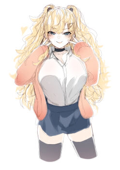 1girl absurdres alternate_costume black_choker black_thighhighs blonde_hair breasts choker collared_shirt commentary_request cropped_legs dress_shirt dyson_(edaokunnsaikouya) green_eyes highres jacket kantai_collection large_breasts minneapolis_(kancolle) pink_jacket shirt solo thighhighs two_side_up wavy_hair white_shirt