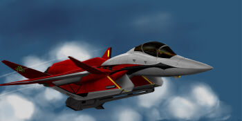 3d absurdres ace_combat ace_combat_7 aircraft airplane alias blue_sky canards cannon canopy_(aircraft) cloud commentary_request contrail crossover energy_cannon fighter_jet flying fusion gunpod highres macross macross_frontier magnetic_weapon mecha military military_vehicle railgun robot roundel s.m.s. science_fiction sky user_addm3542 variable_fighter x-02s_strike_wyvern