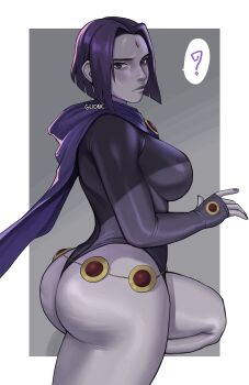 1girl ? artist_name ass black_leotard blush breasts cape closed_mouth colored_skin dc_comics facial_mark forehead_mark grey_skin gud0c highres large_breasts leotard looking_at_viewer purple_cape purple_eyes purple_hair purple_nails raven_(dc) short_hair sleeved_leotard solo speech_bubble spoken_question_mark teen_titans