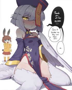 2girls absurdres animal_ears bare_shoulders bird_legs blush breasts china_dress chinese_clothes claws colored_speech_bubble commentary cosplay covered_navel dress english_commentary english_text feathered_wings grey_feathers grey_hair grey_wings hair_over_one_eye halloween_costume harpy highres jiangshi_costume lilunn_(sifserf) looking_at_viewer medium_hair mono_(sifserf) monster_girl multiple_girls open_mouth original owl_girl purple_dress rabbit_ears rabbit_girl rabbit_tail sifserf simple_background small_breasts speech_bubble tail velma_dinkley velma_dinkley_(cosplay) white_background winged_arms wings yellow_eyes