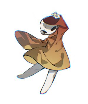 1girl androgynous barefoot black_eyes chromatic_aberration colored_skin commentary_request facial_mark floating forehead_mark full_body gradient_cloak hand_over_face highres iterator_(rain_world) korean_commentary rain_world robot robot_ears robot_girl white_background white_skin x_(symbol) x_facial_mark yellow_cloak yonyangrw