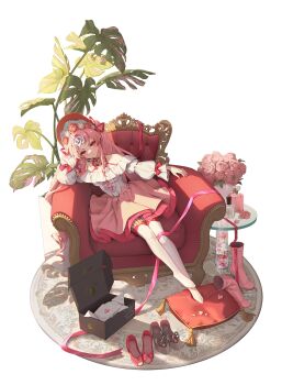 1girl bamcream bare_shoulders bonnet boots bow closed_mouth commentary couch english_commentary flower full_body high_heels highres long_hair long_sleeves looking_at_viewer off-shoulder_shirt off_shoulder original pink_boots pink_flower pink_hair pink_ribbon pink_rose pink_shoes pink_skirt red_bonnet red_bow red_eyes ribbon rose shirt shoes sitting skirt sleeve_bow solo thighhighs unworn_boots unworn_shoes vase white_shirt white_thighhighs