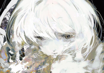 Rule 34 | 1girl, abstract, closed mouth, facing viewer, half-closed eyes, light smile, original, portrait, short hair, solo, tsukamoto anabone, white hair, white theme