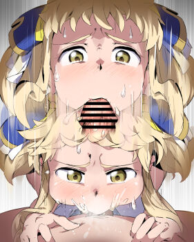 1boy 1girl afterimage bar_censor blonde_hair blush censored deepthroat erection fellatio hair_ornament hetero highres loli mika_returna motion_lines nose_blush oral penis pov raised_inner_eyebrows short_hair short_twintails sidelocks sweat touniyuu twintails under_night_in-birth yellow_eyes