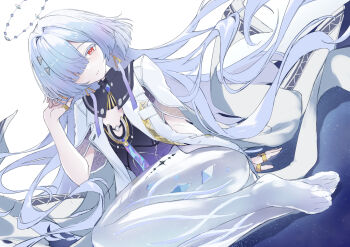 1girl barefoot breasts closed_mouth colored_eyelashes commentary dress earrings feet grey_hair hair_ornament hair_over_one_eye halo hand_up highres id_card jacket jewelry long_hair looking_at_viewer mornye_(wuthering_waves) purple_dress red_eyes see-through_body small_breasts smile solo tacet_mark_(wuthering_waves) thighs toes triangle_earrings very_long_hair white_background white_jacket wuthering_waves xfate