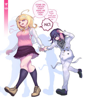 1boy 1girl ahoge akamatsu_kaede angry arm_belt backpack bag blonde_hair blood blood_on_face breasts buttons checkered_clothes checkered_scarf collared_shirt commentary danganronpa_(series) danganronpa_v3:_killing_harmony english_commentary english_text flipped_hair fortissimo full_body hair_between_eyes hair_ornament highres holding_another's_wrist injury large_breasts long_hair long_sleeves multicolored_buttons musical_note musical_note_hair_ornament musical_note_print necktie oma_kokichi one_eye_closed open_mouth orange_necktie pants pink_blood pink_eyes pink_sweater_vest pink_vest pleated_skirt plump puff_of_air pulling purple_eyes purple_hair scarf shaded_face shadow shirt short_hair simple_background skirt smile soshu_(soshuscribbles) speech_bubble sweater_vest two-tone_scarf vest walking white_bag white_shirt