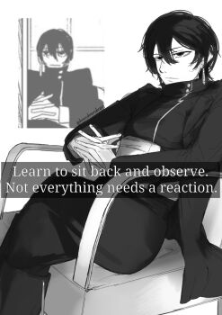 Rule 34 | 1girl, crossed legs, dvendvendven, earrings, english text, greyscale, highres, interlocked fingers, jacket, jewelry, kagari hiyuki, kagurabachi, long sleeves, meme, monochrome, pants, photo inset, reference inset, ribbon earrings, shirt, short hair, sitting, solo