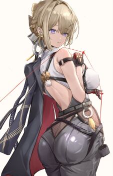 1girl arm_strap ass backless_outfit birthday black_gloves black_pants blonde_hair breasts butt_crack chest_harness elbow_gloves evelyn_chevalier fishnets gloves half_gloves harness high-waist_pants highres large_breasts latex_pants mole mole_under_eye pants pinjirooo purple_eyes ring_hair_ornament shirt single_elbow_glove single_half_glove solo thigh_beads tight_clothes tight_pants uneven_bangs updo white_shirt zenless_zone_zero