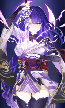 1girl absurdres arm_up asymmetrical_sleeves back_bow blue_background blunt_bangs bow breasts bridal_gauntlets cleavage commentary drawing_sword electricity electro_symbol_(genshin_impact) genshin_impact glowing glowing_eyes glowing_sword glowing_weapon hair_ornament head_tilt highres holding holding_sword holding_weapon huge_breasts human_scabbard japanese_clothes kimono large_breasts lingerie long_braid long_hair looking_at_viewer mitsudomoe_(shape) mole mole_under_eye musou_isshin_(genshin_impact) neck_ribbon purple_eyes purple_hair purple_kimono purple_thighhighs raiden_shogun raiya_atelier red_ribbon red_sash ribbon sash shade solo sword sword_between_breasts thighhighs tomoe_(symbol) underwear uneven_sleeves weapon wide_sleeves