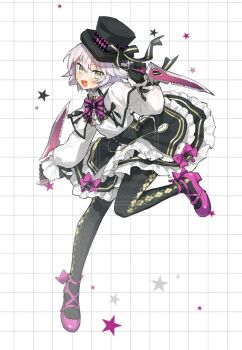 1girl black_gloves black_hat black_pantyhose black_skirt blush bow bowtie breasts capelet dagger facial_scar fate/grand_order fate_(series) full_body gloves gold_trim green_eyes hair_between_eyes hat jack_the_ripper_(celebratory_attire)_(fate) jack_the_ripper_(fate/apocrypha) kabutomushi_s knife long_sleeves looking_at_viewer open_mouth pantyhose purple_shoes scar scar_across_eye scar_on_cheek scar_on_face shirt shoes short_hair shoulder_tattoo skirt small_breasts smile solo tattoo top_hat weapon white_capelet white_hair white_shirt