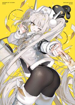 1girl ;p ass black_pantyhose blanc_(fortune_express)_(nikke) blanc_(nikke) boots breasts character_name coat commentary_request fur-trimmed_boots fur_trim goddess_of_victory:_nikke hat highres holding holding_ticket medium_breasts mzet off_shoulder official_alternate_costume one_eye_closed panties panties_under_pantyhose pantyhose solo ticket tongue tongue_out twintails underwear white_boots white_coat white_hat winter_clothes winter_coat yellow_background yellow_eyes