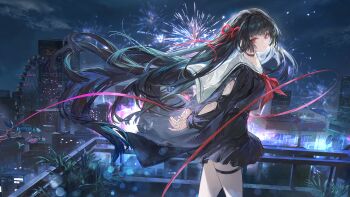 aerial_fireworks arm_cutout arms_behind_back black_choker black_hair black_jacket black_shirt black_skirt breasts chisa_(wuthering_waves) choker clothing_cutout commentary ergouzi_echo fireworks from_side hair_ribbon highres jacket long_hair long_sleeves looking_at_viewer looking_to_the_side medium_breasts neckerchief night outdoors red_eyes red_neckerchief red_ribbon ribbon sailor_collar shirt skirt thigh_strap very_long_hair white_sailor_collar wuthering_waves