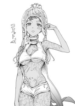 Rule 34 | 1girl, :<, blush stickers, breasts, character name, cleavage, cleavage cutout, clothing cutout, comet (gnosia), full-body tattoo, gnosia, highres, himo (himodayoo), monochrome, navel, see-through clothes, see-through headwear, short hair, short shorts, shorts, simple background, single blush sticker, solo, tattoo, translated, underboob