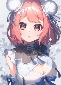 1girl blush bow breasts bun_cover cleavage commentary double_bun flower hair_bun hair_flower hair_ornament hashtag-only_commentary highres karupisusawa looking_at_viewer open_mouth pink_eyes pink_hair solo sparkle virtual_youtuber vspo! wings yumeno_akari