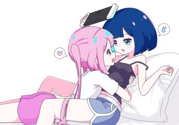 2girls black_camisole blue_eyes blue_hair blue_shorts blush camisole chibikki commentary controller cushion dolphin_shorts eye_contact game_controller grey_eyes heart highres holding holding_controller holding_game_controller hug long_hair looking_at_another lying_on_person multiple_girls nanako_(chibikki) nintendo_switch open_mouth original pink_hair purple_shorts saki_(chibikki) shirt short_hair short_sleeves shorts simple_background smile spoken_heart spoken_squiggle squiggle strap_slip symbol-only_commentary twintails white_background white_shirt yuri