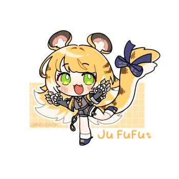 1girl :d animal_ear_fluff animal_ears blonde_hair blue_bow blue_shoes bow character_name chibi chibi_only claw_(weapon) collared_shirt commentary dress_shirt fang fingerless_gloves full_body gloves green_eyes grey_gloves grey_shirt grey_shorts grid_background hands_up highres ju_fufu multicolored_hair open_mouth shibedraws shirt shoes short_shorts shorts simple_background smile socks solo standing standing_on_one_leg tail tail_bow tail_ornament twitter_username two-tone_hair weapon white_background white_hair white_socks zenless_zone_zero