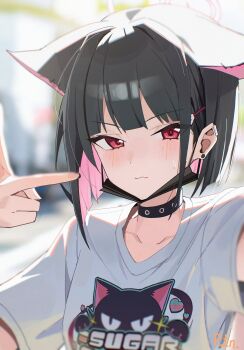 1girl absurdres animal_ears black_choker black_hair black_mask blue_archive blush cat_ears choker closed_mouth collarbone colored_inner_hair ear_piercing extra_ears halo highres kazusa_(band)_(blue_archive) kazusa_(blue_archive) looking_at_viewer mask mask_pull mouth_mask multicolored_hair p1n piercing pink_hair pink_halo print_shirt red_eyes selfie shirt short_hair short_sleeves solo upper_body white_shirt