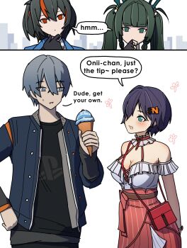 1boy 3girls absurdres belle_(zenless_zone_zero) black_hair blue_hair blush breasts brother_and_sister cleavage clueless cosplay dorahdew food green_hair grey_hair highres holding holding_food holding_ice_cream holding_ice_cream_cone ice_cream ice_cream_cone implied_incest long_hair multicolored_hair multiple_girls playstation_logo qingyi_(zenless_zone_zero) red_hair short_hair siblings streaked_hair wise_(zenless_zone_zero) ye_shunguang ye_shunguang_(cosplay) ye_shunguang_(touch_of_dawnlight) zenless_zone_zero zhu_yuan