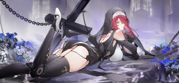 Rule 34 | 1girl, absurdres, ass, back cutout, back tattoo, bare shoulders, black dress, black gloves, black veil, breasts, chain, chinese commentary, clothing cutout, commentary, cross, cross tattoo, crying, crying with eyes open, dress, flantia, foot out of frame, gloves, hair over one eye, highres, huge breasts, leg up, looking at viewer, lying, on stomach, original, parted lips, prosthesis, prosthetic leg, red eyes, skindentation, solo, tattoo, tears, thighs, veil