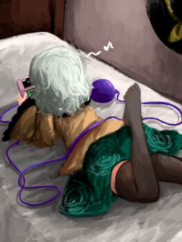 Rule 34 | 1girl, black thighhighs, commentary request, eyeball, facing away, floral print, frilled sleeves, frills, from behind, green hair, green skirt, handheld game console, heripantomorrow, holding, holding handheld game console, komeiji koishi, long sleeves, lying, medium hair, missing headwear, musical note, on bed, on stomach, playing games, print skirt, rose print, shirt, skirt, solo, thighhighs, third eye, touhou, unworn headwear, wide sleeves, yellow shirt