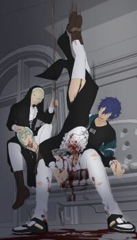 3boys absurdres bdsm blood blood_on_clothes blood_on_neck blue_hair bondage bound censored corpse cum death decapitation disembodied_head ensemble_stars! ero_guro fellatio formal_clothes from_below gang_rape gangbang green_hair grey_background group_sex guro highres kazehaya_tatsumi legs male_focus mosaic_censoring multiple_boys necrophilia nun oral orange_eyes pants penis purple_eyes restrained sazanami_jun severed_head sex shirt shoes skull_fucking sneakers suit t-shirt testicles tomoe_hiyori yaoi