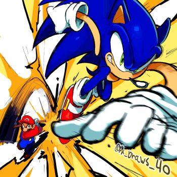 2boys animal_ears blue_eyes crossover facial_hair flying gloves green_eyes hammer hat highres image_sample looking_at_another mario mario_&amp;_luigi_rpg mario_(series) md5_mismatch multiple_boys mustache nintendo overalls pk_draws_40 resolution_mismatch sega serious sonic_(series) sonic_the_hedgehog source_larger twitter_sample