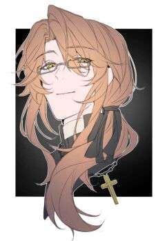 1boy brown_eyes brown_hair commentary cross cross_necklace degrees_of_lewdity english_commentary glasses highres jewelry long_hair looking_at_viewer malumnoxale necklace portrait solo sydney_(degrees_of_lewdity) sydney_(male)_(degrees_of_lewdity)