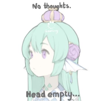 1girl commentary crown english_commentary english_text finana_ryugu finana_ryugu_(1st_costume) fins fish_girl flower from_side green_hair hair_flower hair_ornament head_fins highres looking_ahead meme neck_tattoo nijisanji nijisanji_en no_thoughts_head_empty_(meme) peachyp purple_eyes purple_flower solo tattoo virtual_youtuber white_background