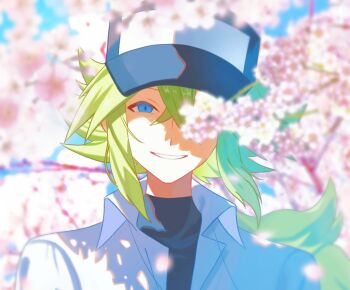 1boy baseball_cap black_shirt blue_eyes blurry blurry_background cherry_blossoms commentary_request green_hair grin hair_between_eyes hat long_hair looking_at_viewer male_focus n_(pokemon) nintendo one_eye_covered petals pokemon pokemon_bw shaded_face shirt smile solo spring_(season) upper_body white_shirt zero_(sleepy_meltan)