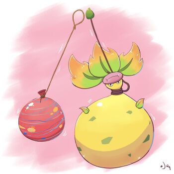 aquabluu black_eyes closed_mouth colored_skin full_body gen_1_pokemon highres leaf mega_pokemon mega_victreebel nintendo no_humans pink_lips plant plant_monster pokemon pokemon_(creature) pokemon_focus pokemon_legends:_z-a solo string victreebel vines water_balloon water_yoyo yellow_skin