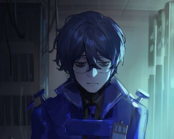 1boy aedd_(e.g.o) blue_hair blue_necktie commentary e.g.o_(project_moon) english_commentary facial_hair glasses grey_eyes hair_between_eyes highres hohenheim_(project_moon) id_card limbus_company looking_at_viewer male_focus necktie project_moon sad sammorstrange solo stubble upper_body