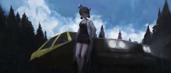 1girl black_camisole black_hair black_shorts blue_sky camisole car cloud cloudy_sky day double_bun forest hair_bun highres kogumo_kei lab_coat lapels license_plate motor_vehicle mushroom mushroom_on_head nature original outdoors short_shorts shorts sky solo tree yellow_car