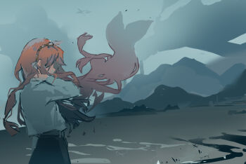 Rule 34 | 1girl, ahiruuyew, beach, black pants, bow, brown hairband, commentary, floating hair, hair bow, hairband, highres, ishmael (project moon), limbus company, long hair, long sleeves, mountainous horizon, muted color, ocean, orange hair, pants, project moon, rope, shirt, sidelocks, solo, very long hair, wavy hair, white bow, white shirt