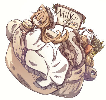 Rule 34 | 1girl, animal ears, broccoli, carrot, cat ears, cat girl, chipie 0114, closed mouth, commentary, dress, food, hat, highres, holding, holding food, long dress, long hair, long sleeves, looking at viewer, mob cap, onion, original, white dress