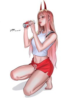 Rule 34 | 1girl, absurdres, bare arms, bare shoulders, barefoot, breasts, brown eyes, can, chainsaw man, closed mouth, dated, demon girl, drink can, full body, hair between eyes, highres, holding, holding can, horns, justb1aze, long hair, medium breasts, midriff, nail polish, navel, on one knee, pink hair, pink lips, pink nails, power (chainsaw man), red horns, red shorts, shirt, short shorts, shorts, solo, toenail polish, toenails, white background, white shirt