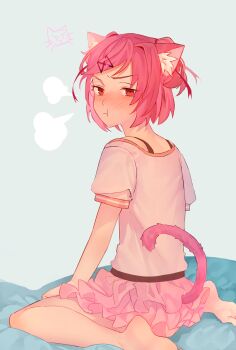 Rule 34 | 1girl, animal ear fluff, animal ears, barefoot, blush, bob cut, cat ears, cat tail, closed mouth, doki doki literature club, feet, frilled skirt, frills, full body, furrowed brow, hair ornament, hair ribbon, hairclip, hands on own thighs, highres, jc (pixiv 66949345), kemonomimi mode, kneeling, legs, looking at viewer, looking back, matching hair/eyes, medium hair, natsuki (doki doki literature club), nose blush, pink eyes, pink hair, pink skirt, pink tail, pout, puff of air, red ribbon, ribbon, seiza, shirt, short sleeves, short twintails, sitting, skirt, solo, swept bangs, tail, tail raised, twintails, white shirt, x hair ornament
