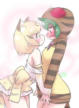 2girls animal_ears animal_print back_bow bare_shoulders blonde_hair blue_eyes blush bow brown_hair brown_hoodie cat_ears cat_girl cat_print cat_tail elbow_gloves embarrassed extra_ears frilled_skirt frills gloves green_hair hair_between_eyes height_difference hood hood_up hoodie kemono_friends looking_at_another multicolored_hair multicolored_hoodie multiple_girls print_gloves print_skirt sand_cat_(kemono_friends) shirt short_hair sidelocks skirt sleeveless snake_girl snake_print snake_tail striped_clothes striped_hoodie tail tsuchinoko_(kemono_friends) uho_(uhoyoshi-o) white_shirt yellow_gloves yellow_hoodie