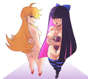 Rule 34 | 2girls, absurdres, aqua eyes, blonde hair, blunt bangs, blush, breasts, earrings, embarrassed, green eyes, highres, holding, holding stuffed toy, honekoneko (psg), hoop earrings, jewelry, long hair, looking at viewer, maimz opa, multiple girls, nipples, panty &amp; stocking with garterbelt, panty (psg), pink hair, purple hair, pussy, siblings, sisters, smile, stocking (psg), striped clothes, striped hair, striped thighhighs, stuffed toy, thighhighs, white background