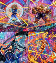 1girl 3boys abs abstract_background barefoot ben_grimm black_gloves blonde_hair blue_bodysuit blue_eyes blue_jumpsuit blue_pants bodysuit building burning clenched_hand clenched_hands colored_skin colorful_background crossed_arms dynamic_pose energy_barrier energy_beam extendable_limbs fantastic_four fiery_hair fighting_stance fire flying galaxy glint gloves highres human_torch johnny_storm jumpsuit lipstick looking_at_viewer makeup male_focus marvel marvel_snap muffin_top multicolored_bodysuit multicolored_hair multiple_boys muscular muscular_male official_art orange_skin pants partially_invisible planet pyrokinesis red_lips reed_richards rock rock_skin science_fiction shiny_skin short_hair sky skyline space spacecraft spandex sparkle star_(sky) starry_sky starry_sky_background stretching sue_storm superhero_costume technology topless_male two-tone_bodysuit two-tone_hair vinartwork western_comics_(style) wire