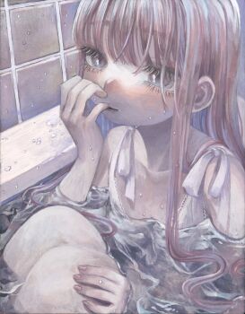 1girl absurdres clothed_bath commentary_request eyelashes grey_eyes highres in_bathtub long_hair monou_pico original pink_hair ribbon solo tile_wall tiles wet